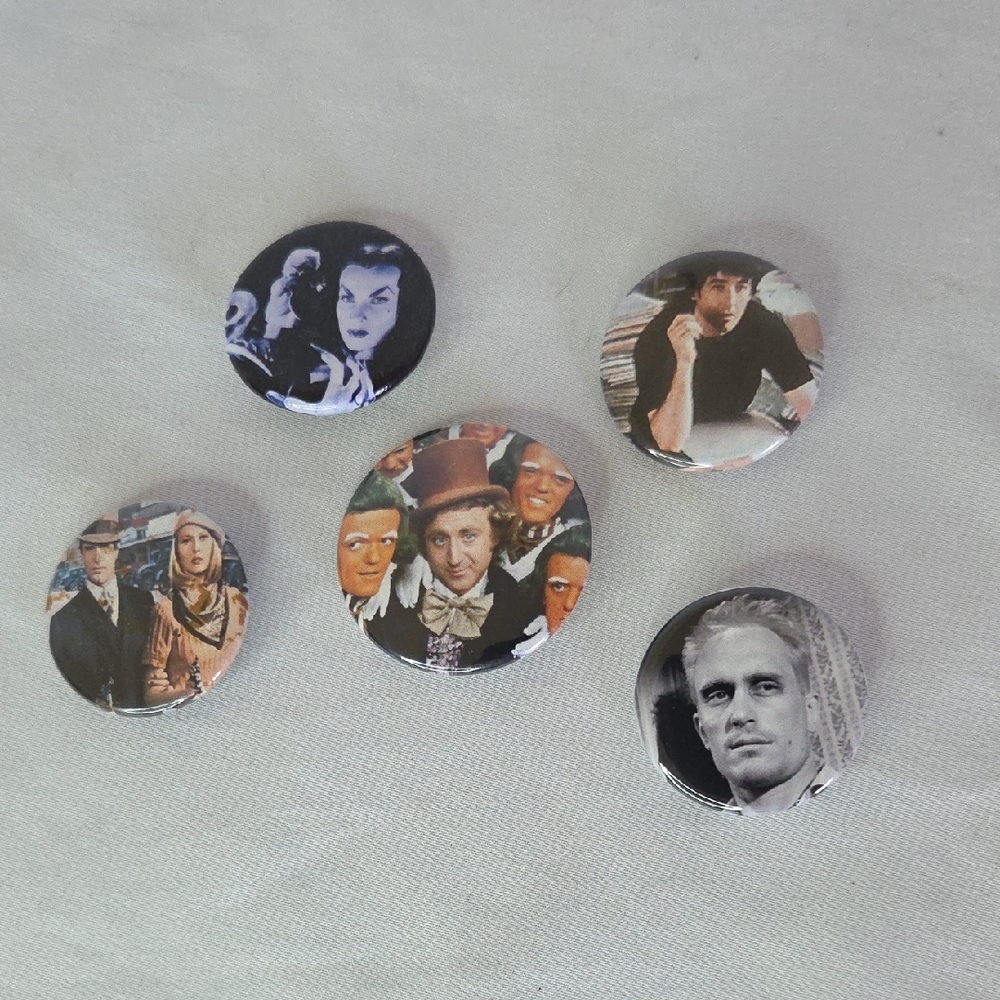 Vintage Movie Button Set Vampira Willy Wonka Bonnie And Clyde The Graduate